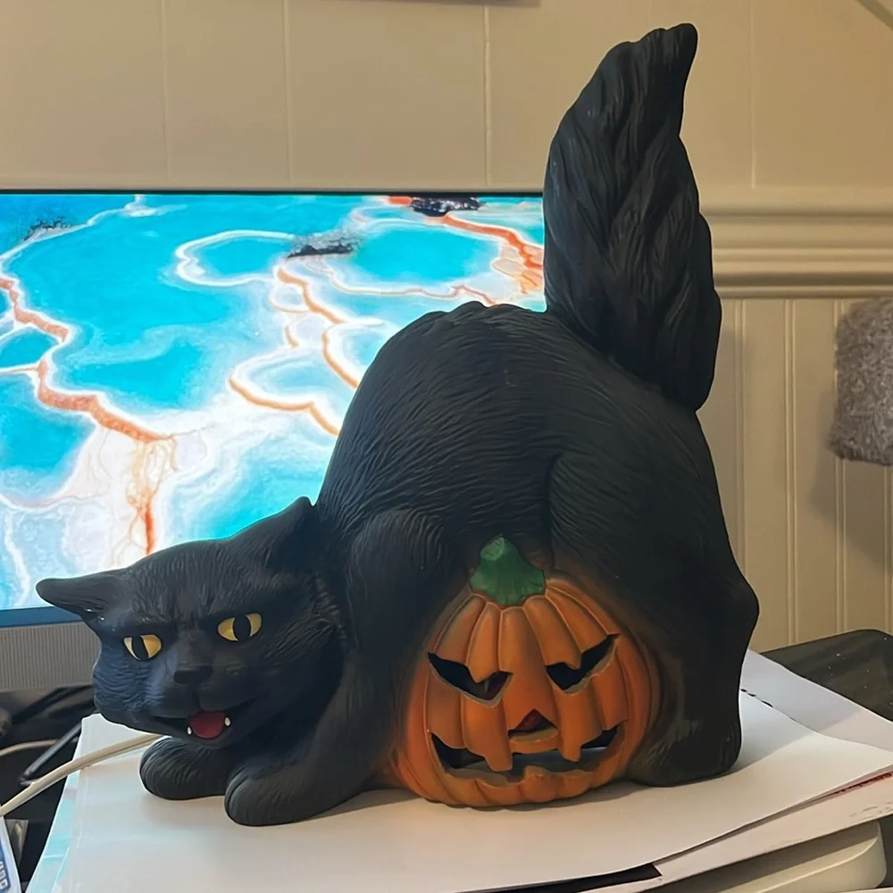 Vintage Ceramic Light up Halloween cat & pumpkin